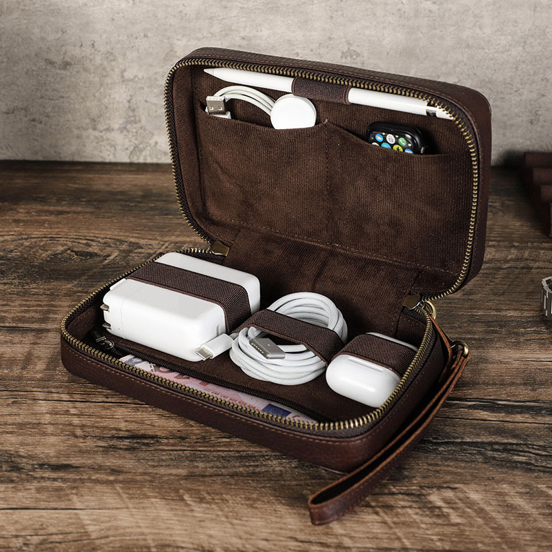 Tech Accessories Case - Vintage Kahverengi Hakiki Sığır Derisi Teknoloji